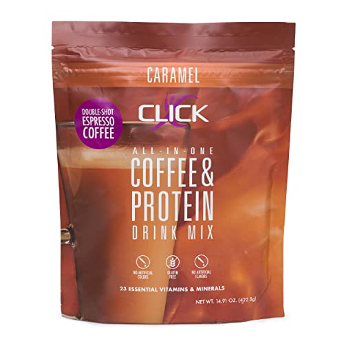 Book Cover CLICK Coffee Protein, Premium Protein & Double Shot Espresso Coffee, All-In-One, Meal Replacement Energy Drink, 23 Essential Vitamins, 150mg of Caffeine, Hot or Cold, Caramel Flavor, 14.91-Ounce