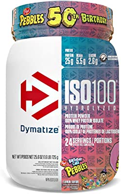 Book Cover Dymatize ISO100 Hydrolyzed Protein Powder, 100% Whey Isolate Protein, 25g of Protein, 5.5g BCAAs, Gluten Free, Fast Absorbing, Easy Digesting, Birthday Cake, 1.6 Pound (packaging may vary)