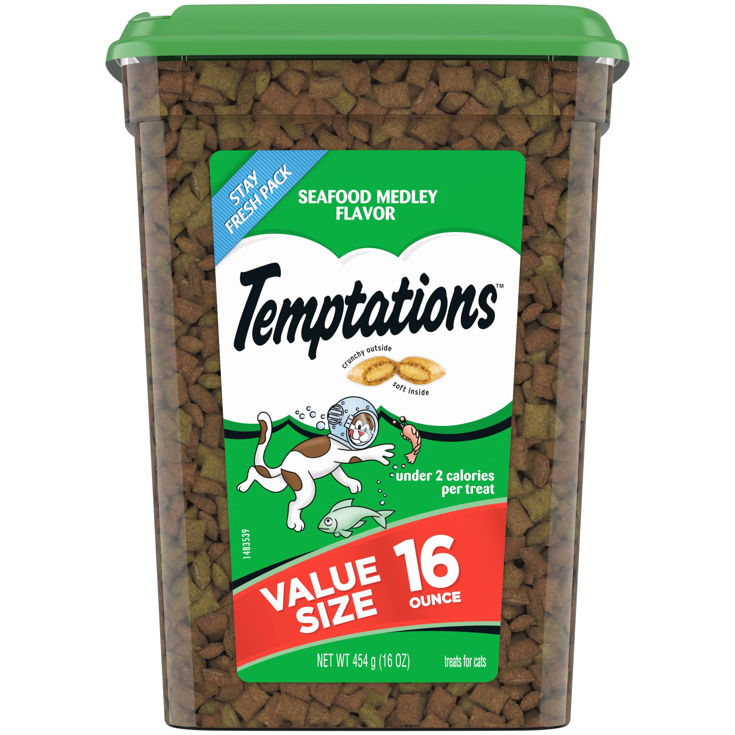 Book Cover TEMPTATIONS Classic Crunchy and Soft Cat Treats Seafood Medley Flavor, 16 oz. Tub 1 Pound (Pack of 1)