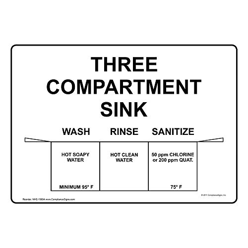 Book Cover Three Compartment Sink Label Decal, 10x7 inch Vinyl for Safe Food Handling by ComplianceSigns