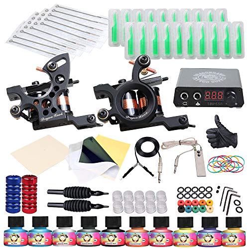 Book Cover Dragonhawk Traditional Pro Complete Tattoo Kit - Two Machines Gun Easy Use 10 Color Inks Power Supplies Disposable Needles Grips Great for Beginners & Starter Tattoo Aritsts 11-85