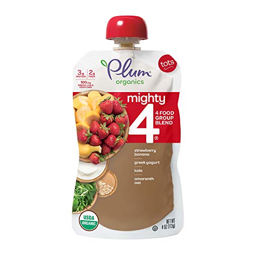 Book Cover Plum Organics Mighty 4, Organic Toddler Food, Strawberry, Banana, Greek Yogurt, Kale, Amaranth and Oat, 4 ounce pouches (Pack of 12) (Packaging May Vary)