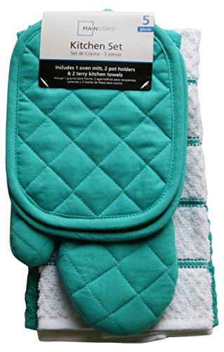 Book Cover Mainstays Teal Island Kitchen Towel Set 5 Piece- Pot Holders, Oven Mitt & 2 Terry Kitchen Towels (1, A)