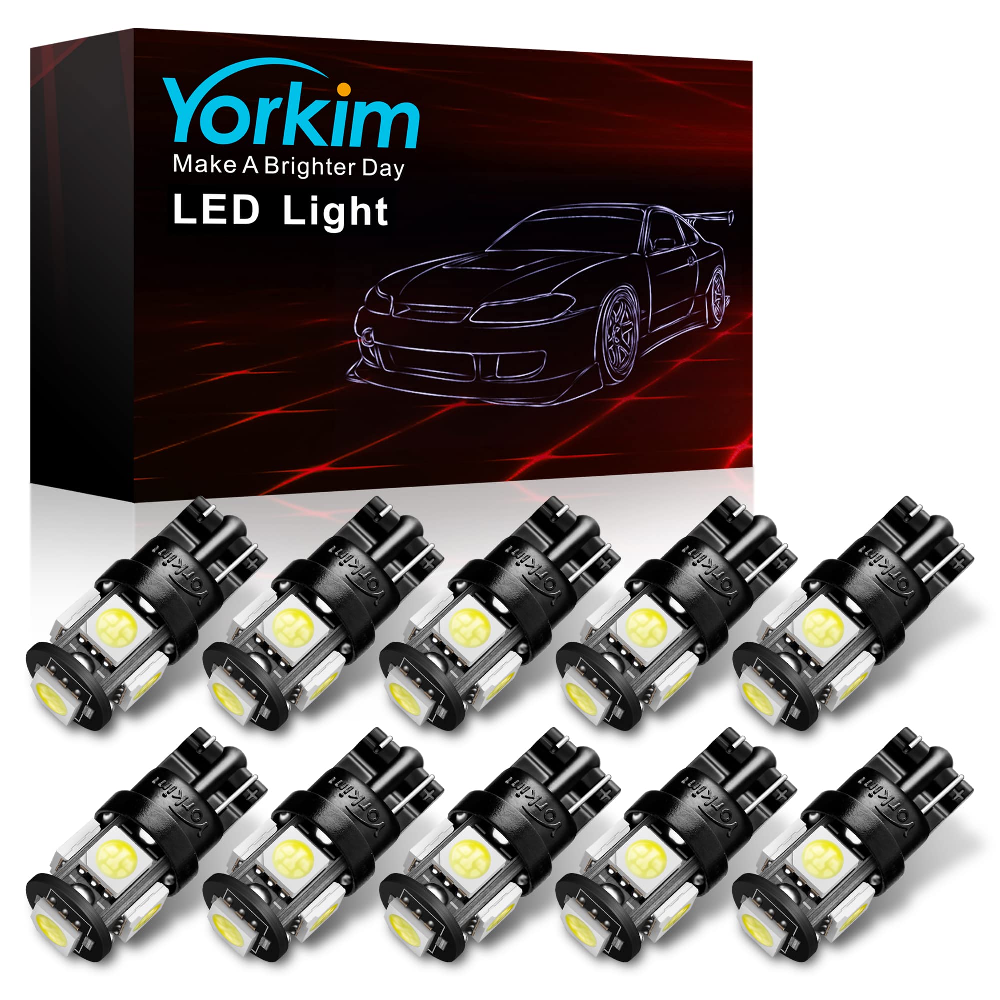Book Cover Yorkim 194 LED Bulbs White 6000k Super Bright 5th Generation, T10 LED Bulbs, 168 LED Bulb for Car Interior Dome Map Door Courtesy License Plate Lights W5W 2825, Pack of 10