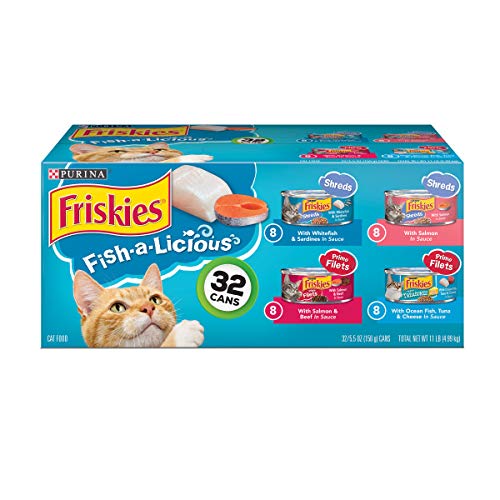 Book Cover Purina Friskies Wet Cat Food Variety Pack, Fish-A-Licious Shreds, Prime Filets & Tasty Treasures - (32) 5.5 oz. Cans