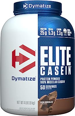 Book Cover Dymatize Elite 100% Micellar Casein Slow Absorbing Protein Powder with Muscle Building Amino Acids, Perfect For Overnight Recovery, Slow Digesting, Rich Chocolate, 4 lbs