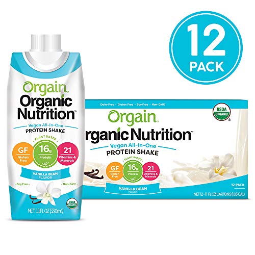 Book Cover Orgain Organic Vegan Plant Based Nutritional Shake, Vanilla Bean - Meal Replacement, 16g Protein, 21 Vitamins & Minerals, Non Dairy, Gluten Free, Lactose Free, Kosher, Non-GMO, 11 Ounce, 12 Count