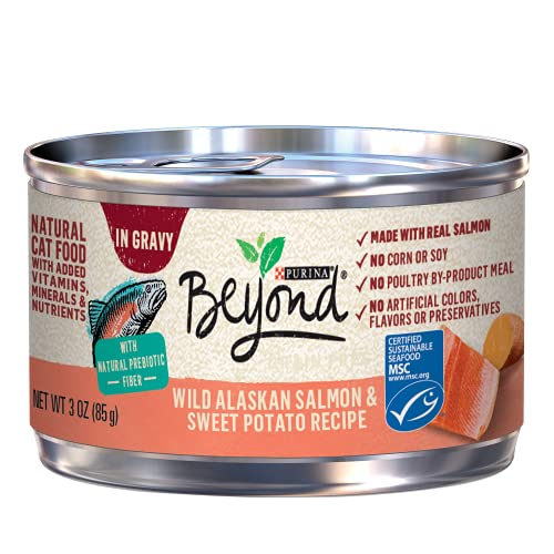 Book Cover Purina Beyond Natural Wet Cat Food in Gravy, Wild Alaskan Salmon and Sweet Potato Recipe - (12) 3 oz. Cans
