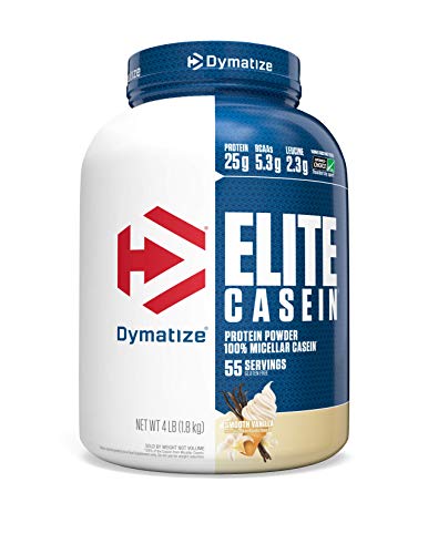 Book Cover Dymatize Elite Casein Protein Powder, Slow Absorbing with Muscle Building Amino Acids, 100% Micellar Casein, 25g Protein, 5.4g BCAAs & 2.3g Leucine, Helps Overnight Recovery, Smooth Vanilla, 4 Pound