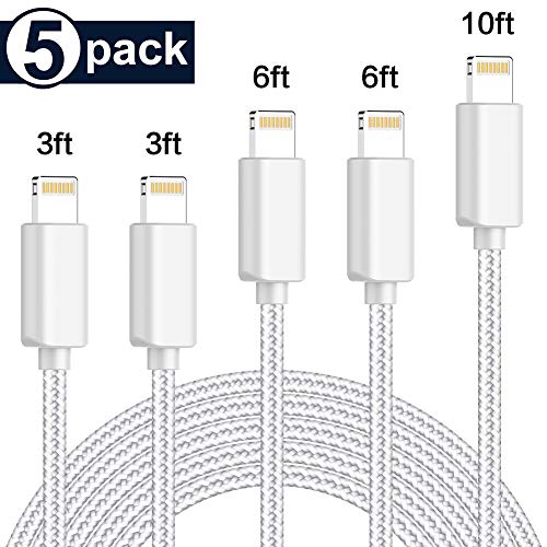 Book Cover PLmuzsz MFi Certified iPhone Charger Lightning Cable 5 Pack [3/6/10FT] Extra Long Nylon Braided USB Charging & Syncing Cord Compatible iPhone Xs/Max/XR/X/8/8Plus/7/7Plus/6S/6S Plus/SE/iPad/Nan More