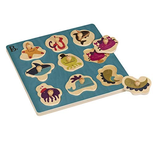 Book Cover B. toys â€“ Hide nâ€™ Sea Underwater Peg Puzzle â€“ Classic Wooden Puzzles for Toddlers with 9 Chunky Pieces â€“ Learning Toy with Sea Animals and Shape Sorting â€“ Natural Wood Toddler Puzzles