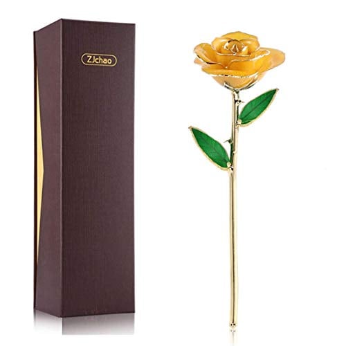Book Cover Motherâ€™s Day 24k Gold Rose, Gold Plated Long Stem Green Leaf Forever Rose is Handmade from Real Rose Flower, Gift for Lover on Birthday Anniversary Christmas Valentines Day Mothers Day(Yellow2)