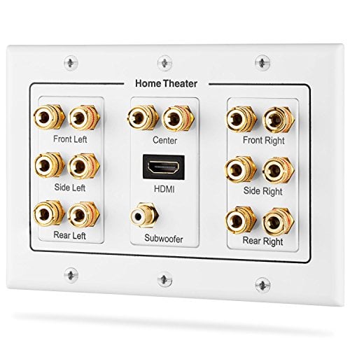 Book Cover Fosmon HD8006 3-Gang 7.1 Surround Distribution Home Theater Gold Plated Copper Banana Binding Post Coupler Type Wall Plate for 7 Speakers, 1 RCA Jack for Subwoofer & 1 HDMI Port