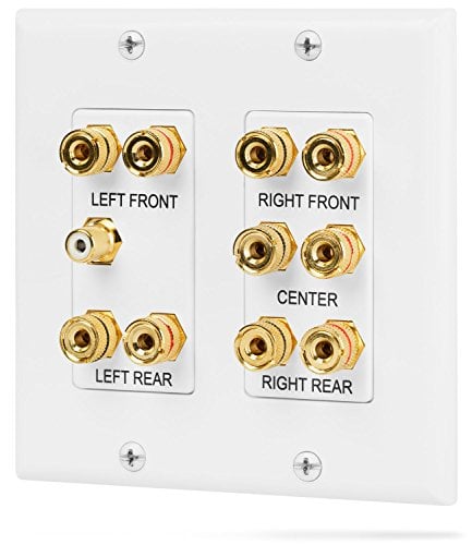 Book Cover Fosmon [2-Gang 5.1 Surround Distribution] Home Theater Wall Plate - Premium Quality Gold Plated Copper Banana Binding Post Coupler Type Wall Plate for 5 Speakers and 1 RCA Jack for Subwoofer (White)