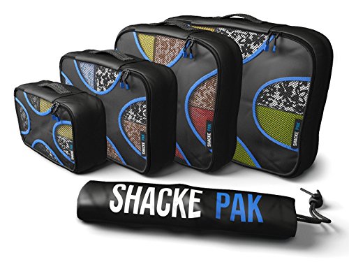 Book Cover Shacke Pak - 4 Set Packing Cubes - Travel Organizers with Laundry Bag (Black/Blue)