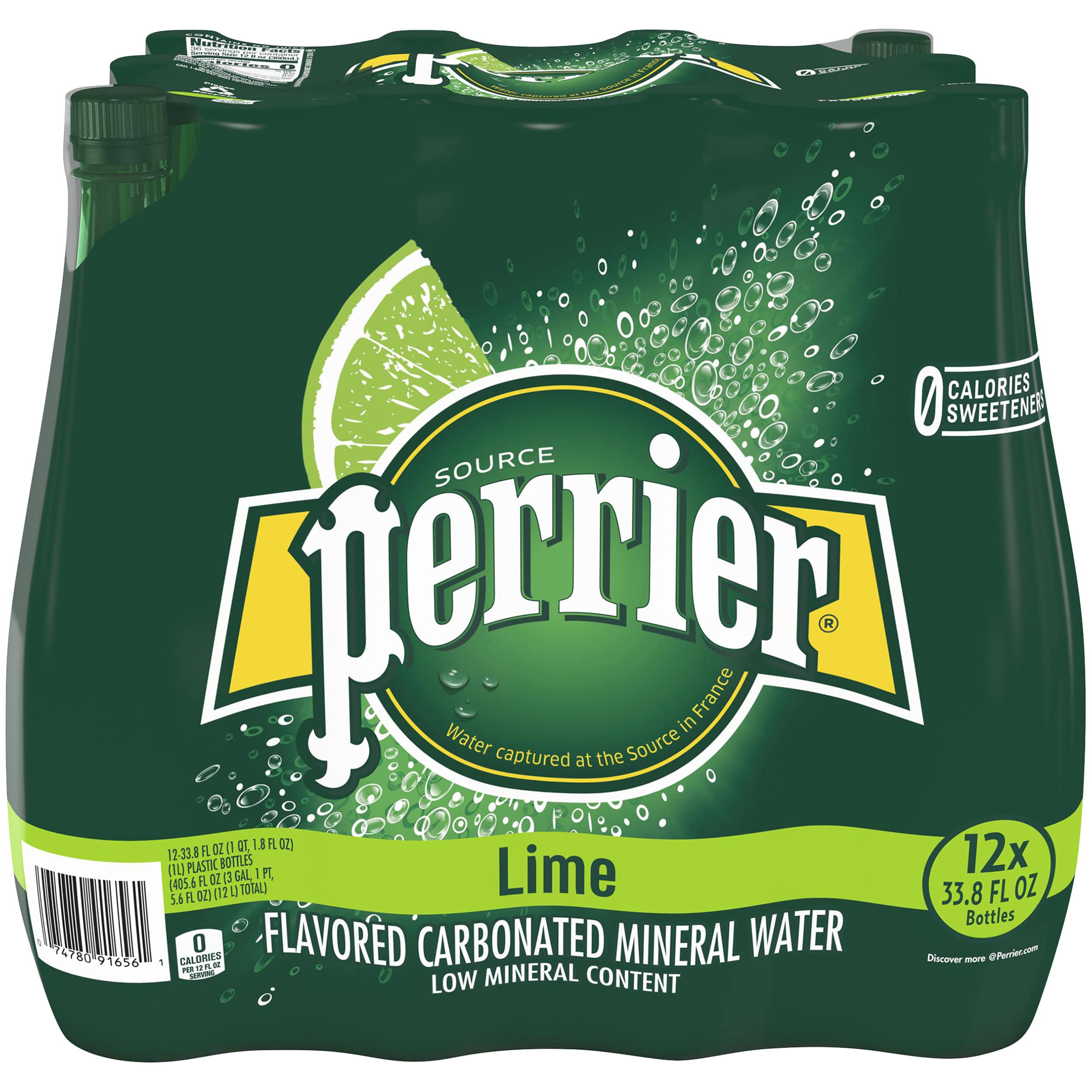 Book Cover Perrier Lime Flavored Sparkling Water, 33.8 FL OZ, 1L Plastic Water Bottles (12 Count) Carbonated Mineral Water Lime