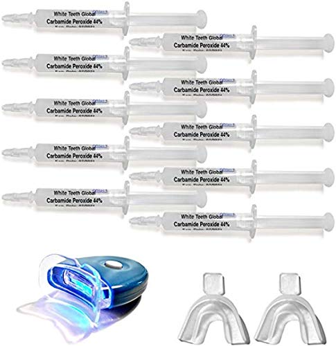 Book Cover Very Strong 44% Carbamide Peroxide 10 Syringes of Teeth Whitening Gel - 1 LED Accelerator Light - 2 Trays - Shade Guide -Instructions Sheet - May cause sensitivity and gum irritation