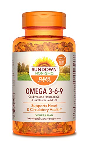Book Cover Omega 3-6-9 by Sundown, Vegetarian, Non-GMO, Free of Gluten, Dairy, Artificial Flavors, with Flaxseed Oil and Sunflower Seed Oil, 495 mg, 50 Softgels