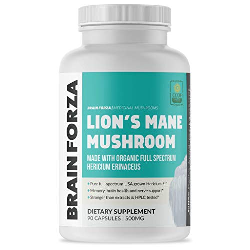 Book Cover Brain Forza Organic Lion's Mane Mushroom Capsules, Natural Supplement for Memory Support, Focus, Clarity, Nerve Health, Non-GMO, Vegan, Organic, 90 Capsules