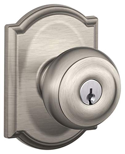 Book Cover Schlage F51-GEO-CAM Georgian Keyed Entry F51A Panic Proof Door Knob with Camelot, Satin Nickel
