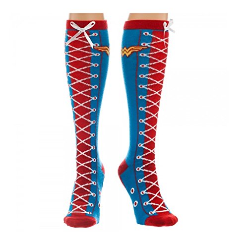 Book Cover Wonder Woman Faux Lace Up Knee High Socks Size ONE SIZE