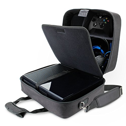 Book Cover USA GEAR Console Carrying Case - Xbox Travel Bag Compatible with Xbox One and Xbox 360 with Water Resistant Exterior and Accessory Storage for Xbox Controllers, Cables, Gaming Headsets - Black