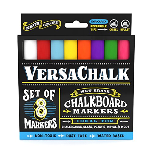 Book Cover Neon Liquid Chalk Markers by VersaChalk - Wet Erase Chalk Ink Pens for Chalkboard Signs, Blackboard, Dry Erase Board (5mm Bold Reversible Tip)