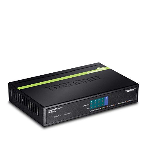 Book Cover TRENDnet 5-Port Gigabit PoE+ Switch, TPE-TG50g, 31 W PoE Budget, 10 Gbps Switching Capacity, Plug & Play, Ethernet Network Switch, Data & Power through Ethernet to PoE Access Points and IP Cameras, Full & Half Duplex
