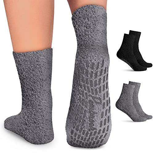 Book Cover Pembrook Non Skid Socks - Hospital Socks - Fuzzy Slipper Socks - (2-Pairs) Black/Gray. Great for adults, men, women. Designed for medical hospital patients but great for everyone