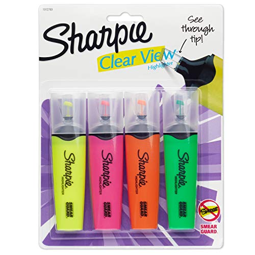 Book Cover Sharpie 1912769 Clear View Highlighters, Chisel Tip, Assorted Colors, 4-Count