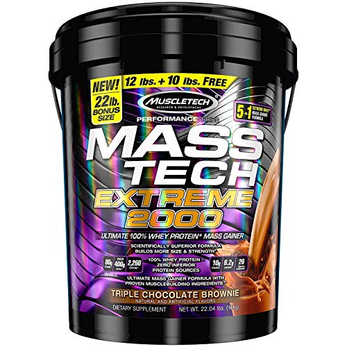 Book Cover MuscleTech Mass Tech Extreme Mass Gainer Whey Protein Powder, Build Muscle Size & Strength with High-Density Clean Calories, Triple Chocolate Brownie, 22lbs (10kg)