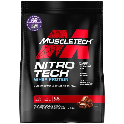 Book Cover Whey Protein Powder | MuscleTech Nitro-Tech Whey Protein Isolate & Peptides | Protein + Creatine for Muscle Gain | Muscle Builder for Men & Women | Sports Nutrition | Chocolate, 10 lb (100 Servings)