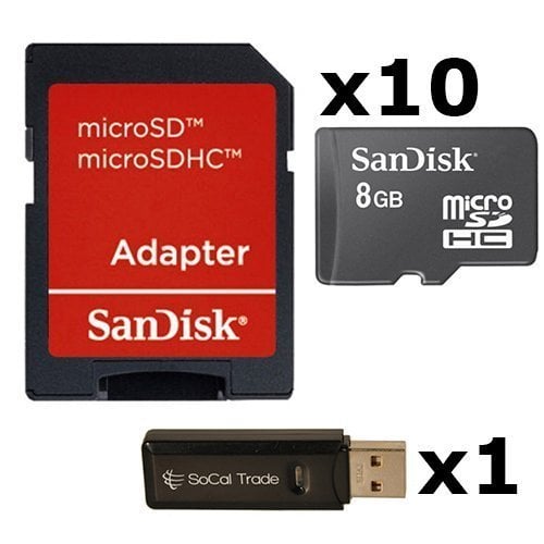 Book Cover SanDisk 10 PACK 8GB MicroSD HC Memory Card SDSDQAB-008G (Bulk Packaging) LOT OF 10 with SD Adapter and USB 2.0 MicoSD