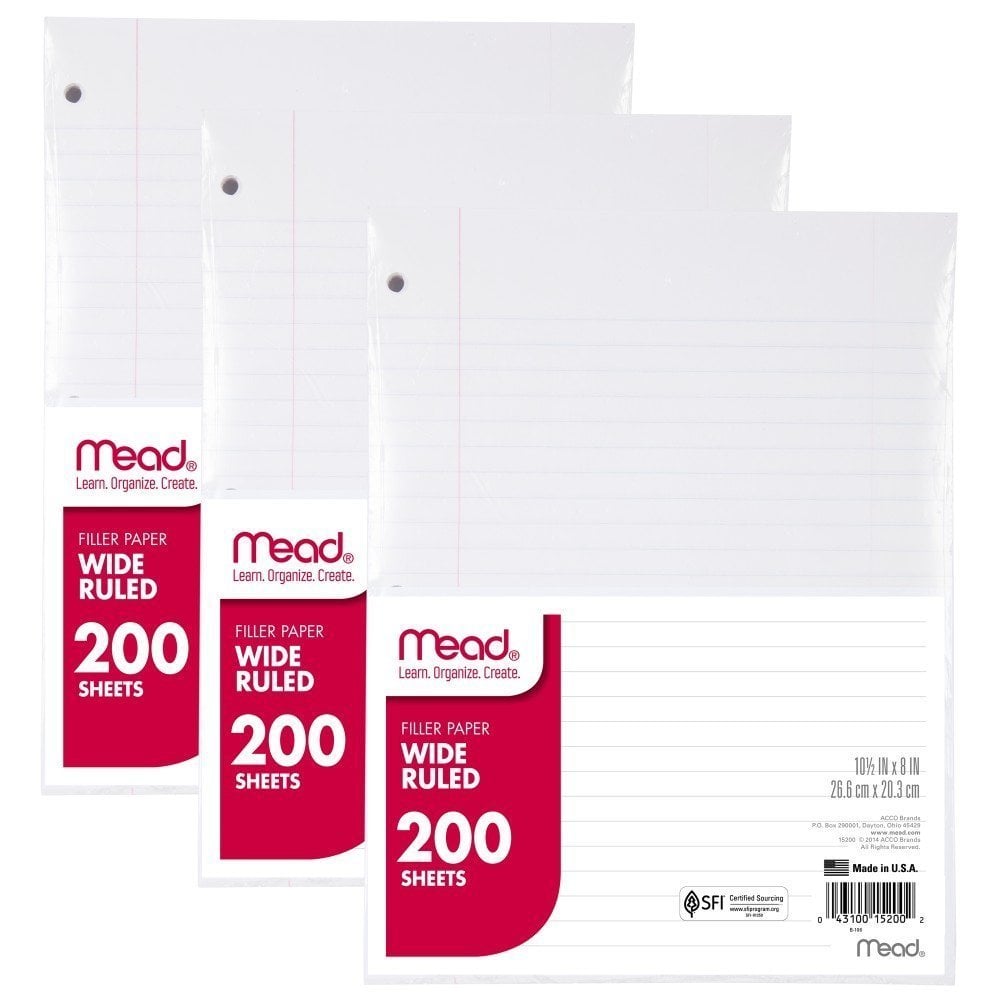 Book Cover Filler Paper by Mead, Wide Ruled, 200 Sheets (15200), 3 Pack (MEA15200), White