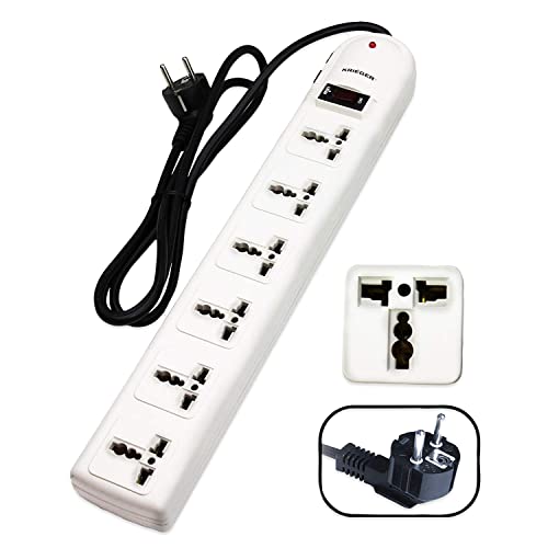 Book Cover KRIEGER Universal Power Strip AC 220-240V Surge Protector With Heavy Duty German Schuko Plug For Computer, Printers, 6 Universal AC Outlets - Type E/F