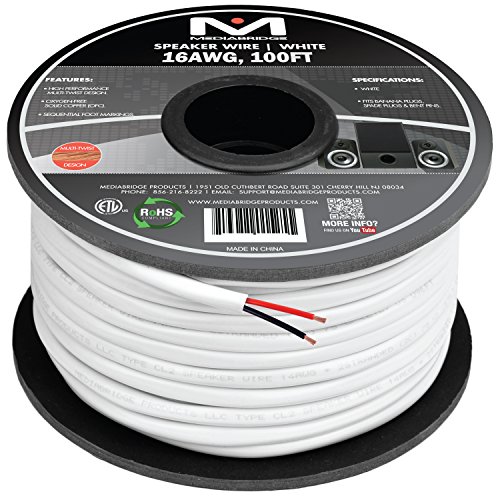 Book Cover Mediabridge 16AWG 2-Conductor Speaker Wire (100 Feet, White) - 99.9% Oxygen Free Copper - ETL Listed & CL2 Rated for in-Wall Use (Part# SW-16X2-100-WH)