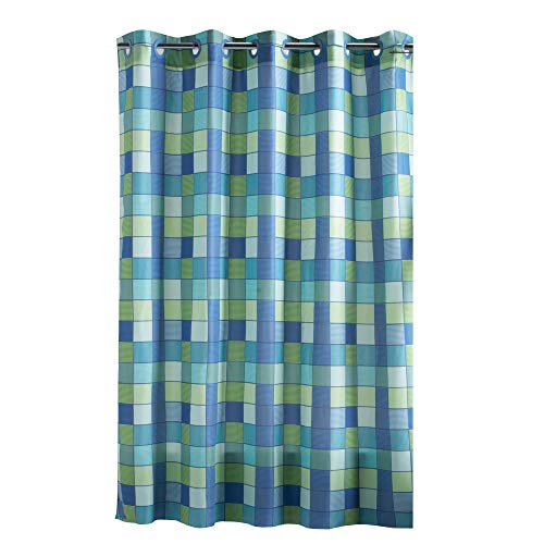 Book Cover Hookless RBH40WM04F Checkmate Polyester NO Line with Flex-On Rings Shower Curtain, Green/Blue, 71 x 74