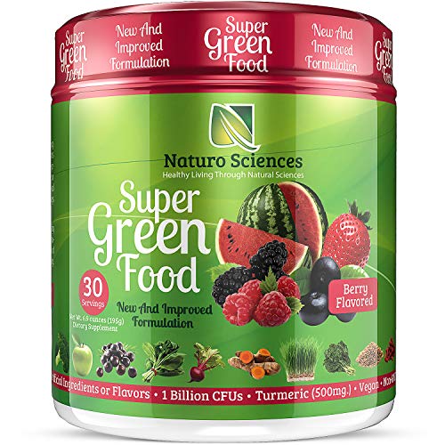 Book Cover 100% Natural Greens Powder, Over 10 Hard to Get Superfoods, Greens Supplement Powder 1 Month's Supply, Green Organic Blend with 1 Billion CFU Probiotics and 500mg Turmeric, Berry Flavor
