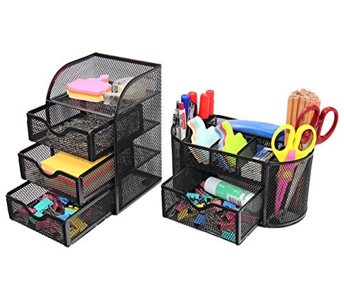 Book Cover PAG Office Supplies Desktop Organizers and Accessories Storage Caddy with Drawer Mesh Pencil Holder Set for Women Girls, Black