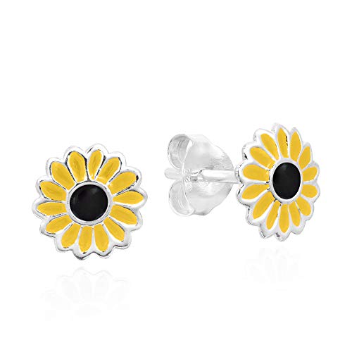 Book Cover Petite Yellow Enamel Sunflower .925 Sterling Silver Stud Earrings