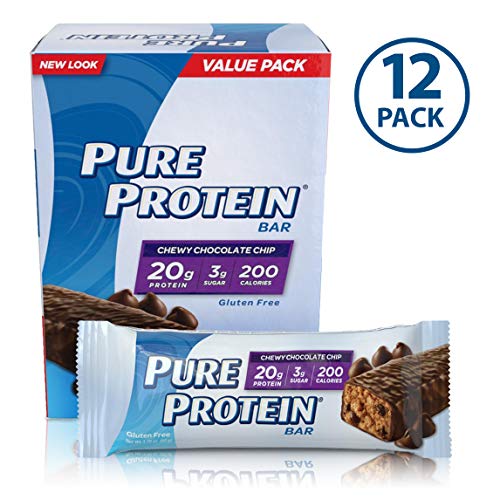 Book Cover Pure Protein Bars, High Protein, Nutritious Snacks to Support Energy, Low Sugar, Gluten Free, Chewy Chocolate Chip, 1.76oz, 12 Pack