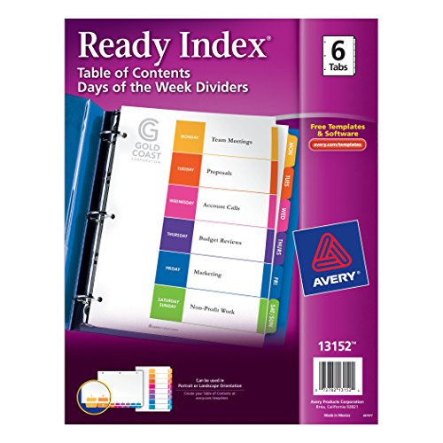 Book Cover Avery Ready Index Table of Contents Days of The Week Dividers, 6-Tabs per Set, Monday Through Weekend (13152)