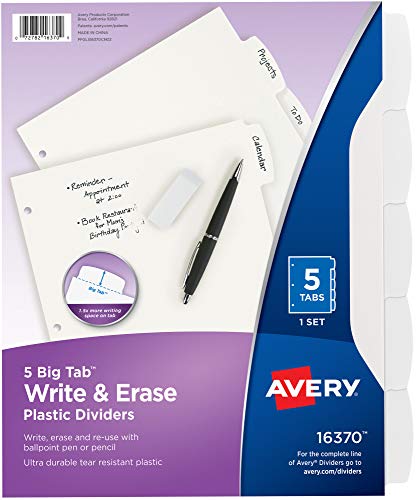 Book Cover AVERY Durable Plastic 5-Tab Write & Erase Big Tab Dividers for 3 Ring Binders, White, 1 Set (16370)