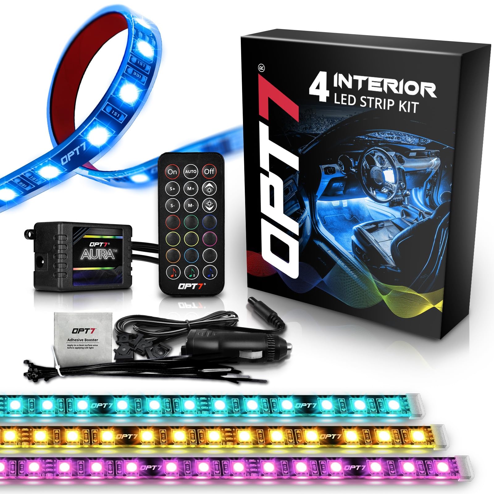 Book Cover OPT7 Aura Interior Car Lights LED Strip Kit-16+ Smart-Color, Soundsync, Door Assist, Show Patterns, and Remote-Accent Underdash Footwell Floor, 4pc Single Row