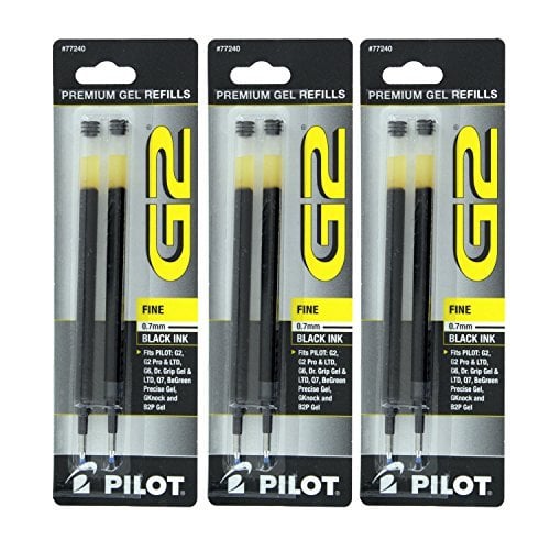 Book Cover Pilot G2, Dr. Grip Gel/Ltd, ExecuGel G6, Q7 Rollerball Gel Ink Pen Refills, 0.7mm, Fine Point, Black Ink, 3 Packs of 2
