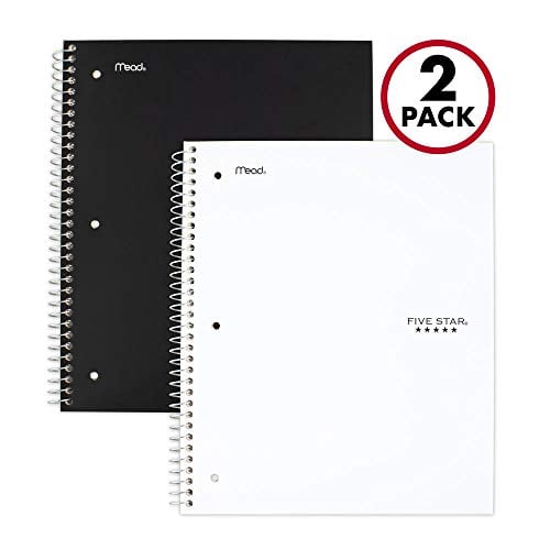 Book Cover Five Star Spiral Notebooks, 5 Subject, College Ruled Paper, 200 Sheets, 11 x 8-1/2 inches, Black, White, 2 Pack (73035)