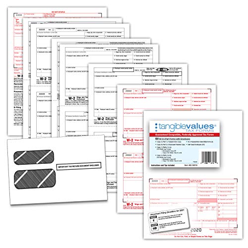 Book Cover W2 Tax Forms 2021 - Tangible Values 6-Part, 50 Pack Laser Tax Form Kit with Envelopes - Accounting & QuickBooks Software Compatible
