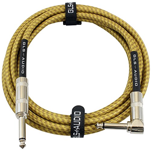 Book Cover GLS Audio 10 Foot Guitar Instrument Cable - Right Angle 1/4 Inch TS to Straight 1/4 Inch TS 10 FT Brown Yellow Tweed Cloth Jacket - 10 Feet Pro Cord 10' Phono 6.3mm - SINGLE
