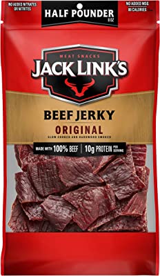 Book Cover Jack Linkâ€™s Beef Jerky, Original, Â½ Pounder Bag â€“ Flavorful Meat Snack, 11g of Protein, 80 Calories, Made with 100% Premium Beef - 96% Fat Free, No Added MSG and No Added Nitrates/Nitrites