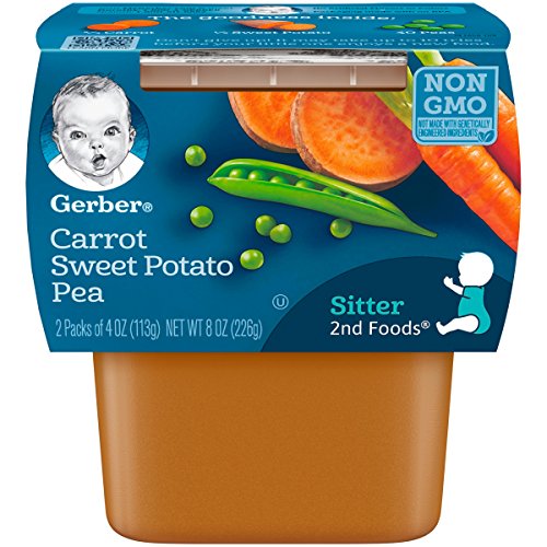 Book Cover Gerber 2nd Foods Carrot, Sweet Potato & Pea Pureed Baby Food, 4 Ounce Tubs, 2 Count (Pack of 8)
